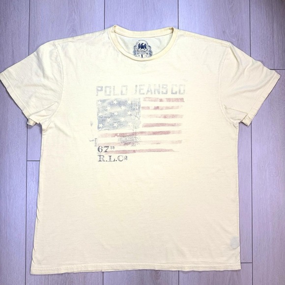 VTG Polo Jeans Co Ralph Lauren USA Flag Graphic T-Shirt Men's L Yellow Y2K 90s - Picture 1 of 6